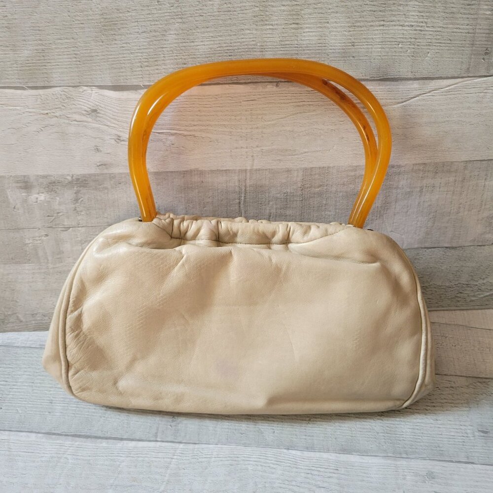 Vintage Saks Fifth Avenue Beige Leather Handbag With Bakelite Handles & Coin Pur